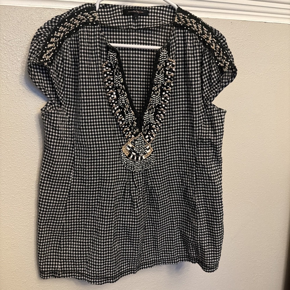 Nanette Lepore Womens Bohemian Beaded Cap Sleeve Gingham Top. Size 4